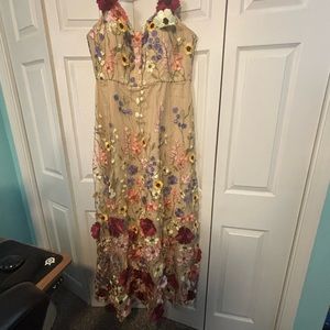 Embroidered floral maxi dress, multicolor flower appliqués - never worn